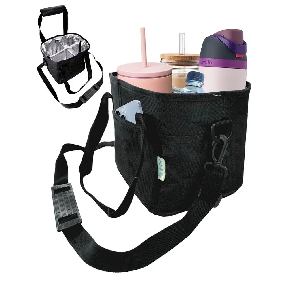 NoNa & Bee Insulated 4 Cup Drink Carrier Bag Black Adjustable Strap Water Bottle